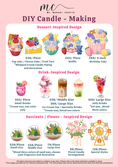 DIY candle making — we have prepared a variety of styles, colors, accessories, and bases for you. You can freely mix and match to create unique dessert, drink, and botanical candles.